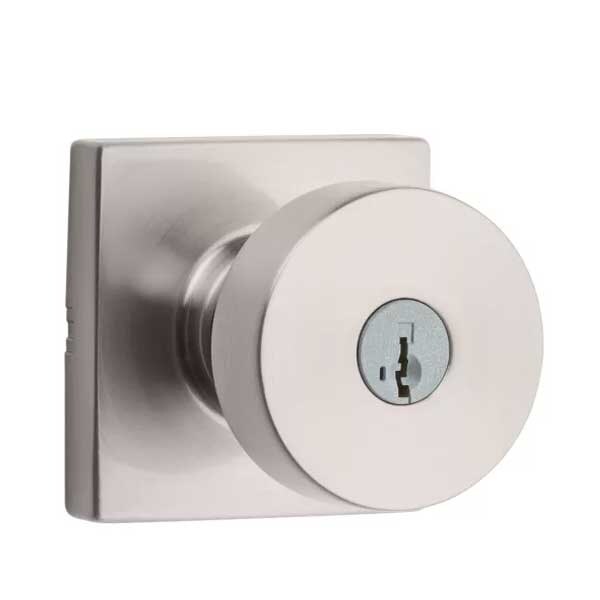 Kwikset: Pismo Entry Door Knob with Square Rose  Satin Nickel  / with SmartKey Technology